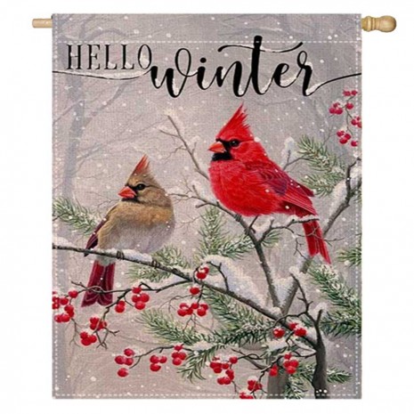 Pine Tree Birds Home Decorative Hello Winter House Flag