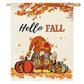 Hello Fall Gnomies Pumpkin Maple Leaf House Flag