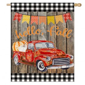 Hello Fall Red Car Pumpkins Home Decorative House Flag