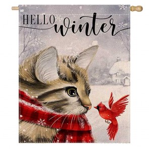 Red Birds Cat Home Decorative Hello Winter House Flag